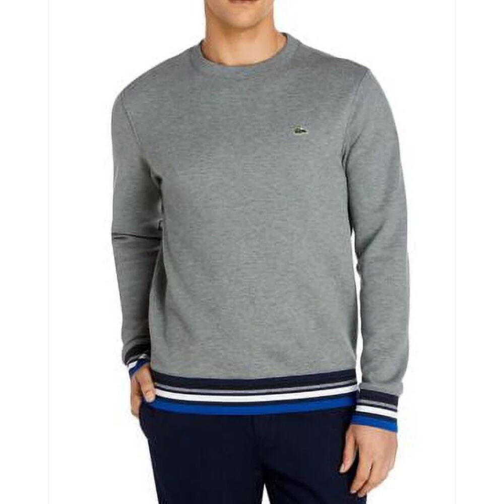EUC Lacoste Crewneck Striped Hem Cotton Sweater Gray Navy White Blue Sz 3XL